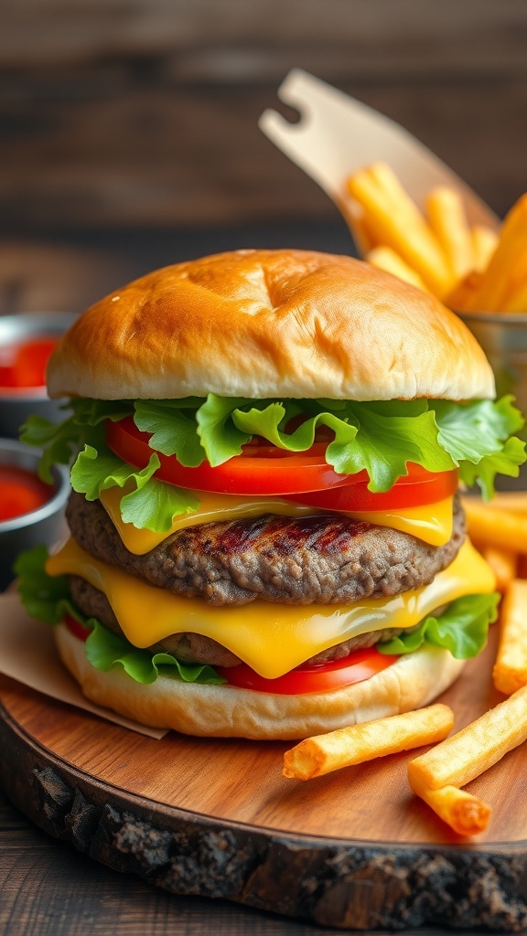 A delicious hamburger with beef patty, lettuce, tomato, and cheese on a toasted bun, served with fries.